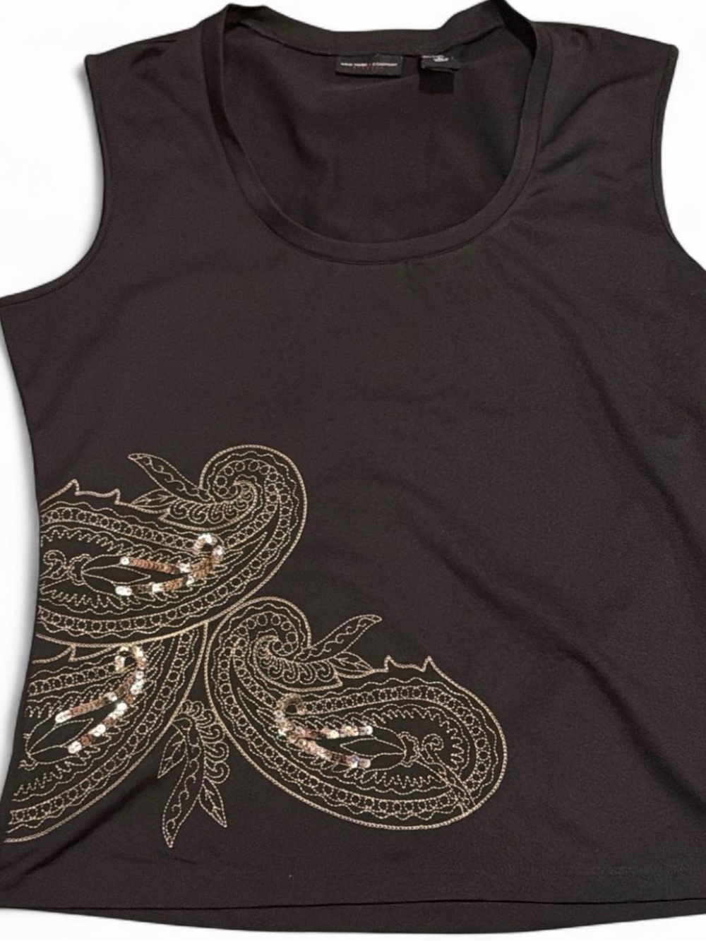 Womens L Sleeveless Brown Embroidered Sequined Tank Top Blouse New York & Co
